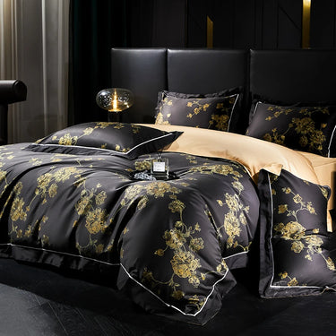 Black Gold Flower Europe Digital Printing Luxury Soft Duvet Cover Set, 1000TC Egyptian Cotton Bedding Set